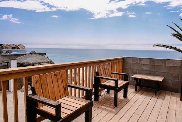 Oceanside private patio, public access to beach, safe for swimming and surfing. 