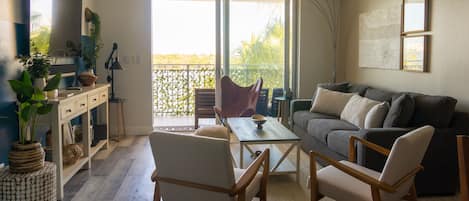 The living room and view to the bay