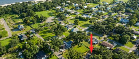 Aerial view of the house. less than 10 min walk to the beach