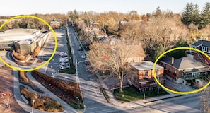 The Tom Patterson Theatre on the left and the Henry House on the right.