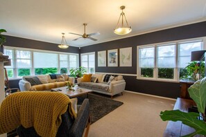 Cosy living space with open fireplace