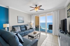 Gulf View Living Area with Balcony Access & Flat Screen TV
