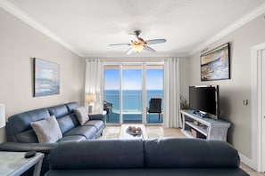 Gulf View Living Area with Balcony Access & Flat Screen TV