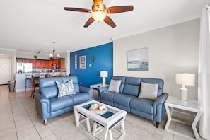 Gulf View Living Area with Balcony Access & Flat Screen TV