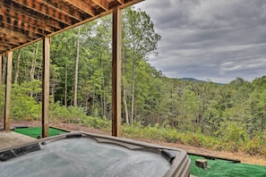 Lower Patio | Private Hot Tub | Outdoor Dining | Mtn Views