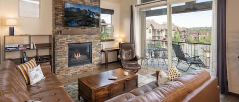 Warm up in front of the gas fireplace after skiing at the Winter Park Resort