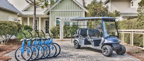 6 seater electric golf cart and 6 adult bikes!