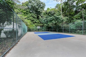 Basketball court behind garage