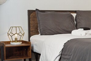 Traveler Room, a first floor bedroom with queen bed, sleeper sofa, and Roku TV.