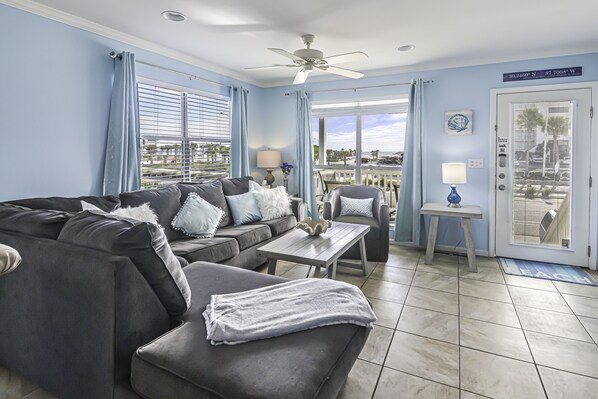 East side living room w/ beach view