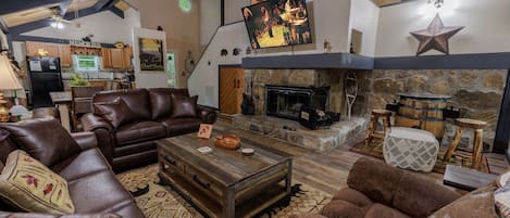 Misty Mountain Hop - Living Area with Wood Burning Fireplace, Sleeper Sofa and Reclining Chair