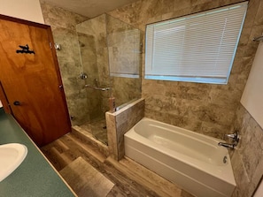 Master bathroom with tub and walk in shower