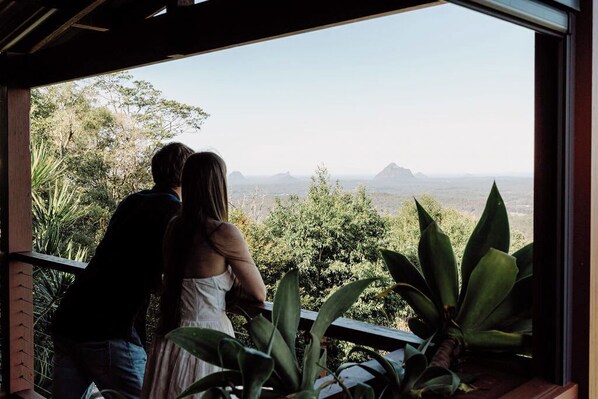 Lounging deck, overlooking the spectacular vista of the Glasshouse Mountains