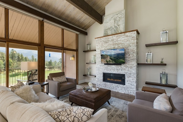 Living Area with Fireplace, TV, Deck