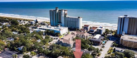 Aerial view of Myrtle Beach. Our condo is a half block to the beach.