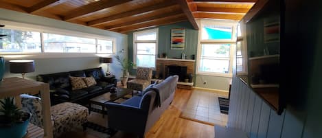 Living area with fireplace.