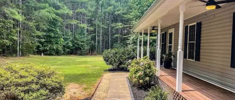 Wooded Front Views, Front Porch, Two {2} Outdoor Ceiling Fans, Outdoor Lights