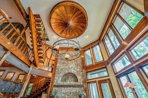 The hand crafted wood medallion in the large sunken living room.