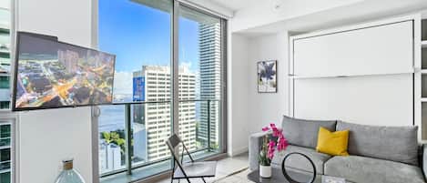Living/sleeping area w/ view of Biscayne Bay Port
