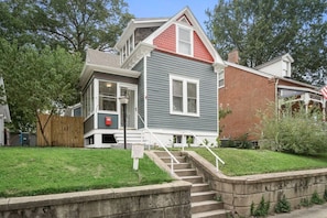 Front elevation of this charming historic 1870's built home.  Recently renovated of course.

4 bedroom 2 full bath.  Private Back yard.  Covered front porch and covered rear porch.

Close to downtown St. Charles.  A little over 1/2 mile walk.