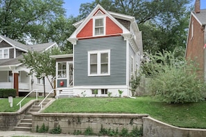 Front elevation of this charming historic 1870's built home.  Recently renovated of course.

4 bedroom 2 full bath.  Private Back yard.  Covered front porch and covered rear porch.

Close to downtown St. Charles.  A little over 1/2 mile walk.