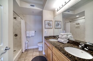 Master bathroom. Walk-in shower. Crystal Tower 1105. 2 Bedroom 2 Bathroom. Unit Sleeps 6. Managed by Island Rentals