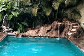 Waterfall feature in the pool