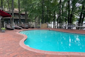 The pool overlooking the beautiful Swift Creek Reservoir, lounge chairs & tables