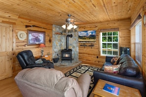 Wood Burning Stove, Flat Screen TV and Warm Wood Interior
