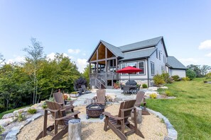 Fire Pit and Flag Stone Patio with Umbrella Table and Gas Grill