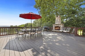 Front porch deck with outdoor fireplace