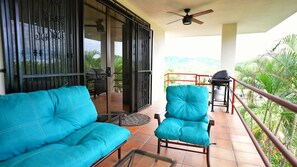 Private Balcony with new furniture, ceiling fans w/lights and a gas grill