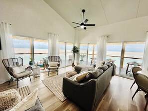 Great Room with sunrise and sunset views of the Caribbean and ample seating