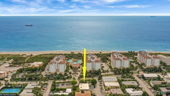 Gorgeous aerial views of our lovely little apartment and the ocean, just steps away!