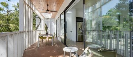 Shaded patio with dining table