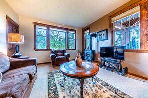 Living room - Sofa bed, TV, single sofa and fire place.