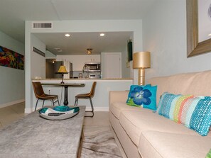 Settle into the comfortable living room furniture, make plans for the day, and enjoy spending time with friends and family.