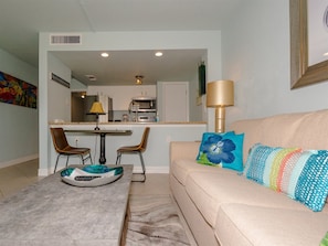 Settle into the comfortable living room furniture, make plans for the day, and enjoy spending time with friends and family.