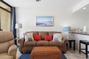 Settle into the comfortable living room furniture, make plans for the day, and enjoy spending time with friends and family.