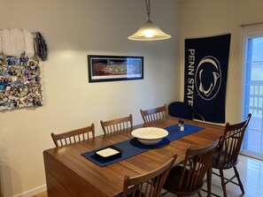 Dining table set for 6- can seat 8-10. 