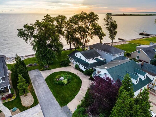 The Lock Nest (white) with our drive way and lawns facing Lake Erie.