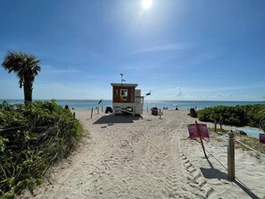 The  Resort is in front of the Beach.