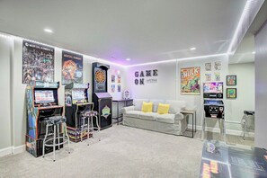 Arcade!
Mortal Kombat Arcade Game.
Street Fighter II Arcade Game.
Ms. Pac Man cocktail table with 60 games
Marvel Electronic Pinball Machine. 
Retro Nintendo with Mario games. 
Electronic Dart Board. 
More Pictures to come.