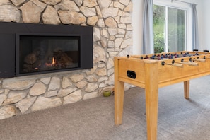 foosball and fireplace