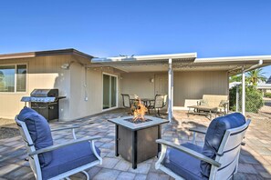 Patio | Fire Pit Table | String Lights | Fenced-In Yard