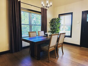 The dining area seats four comfortably.