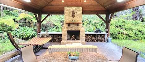 Outdoor Pavilion with Fireplace, Sitting & Dining Areas