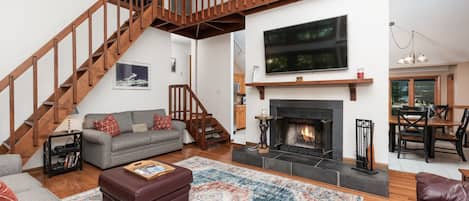 Living Room with wood burning fire place