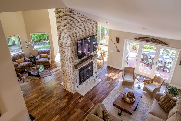 View down to the living and family room