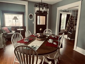 Dining room, looking into the library.  Seasonally decorated.